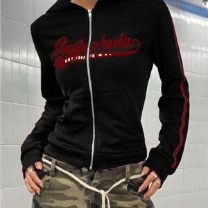 SHEIN Black Zip-Up Hoodie with Red Script and Stripe